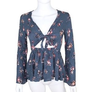 American Eagle Floral Print Tie Chest Front Boho Blouse Blue Women's Size XS